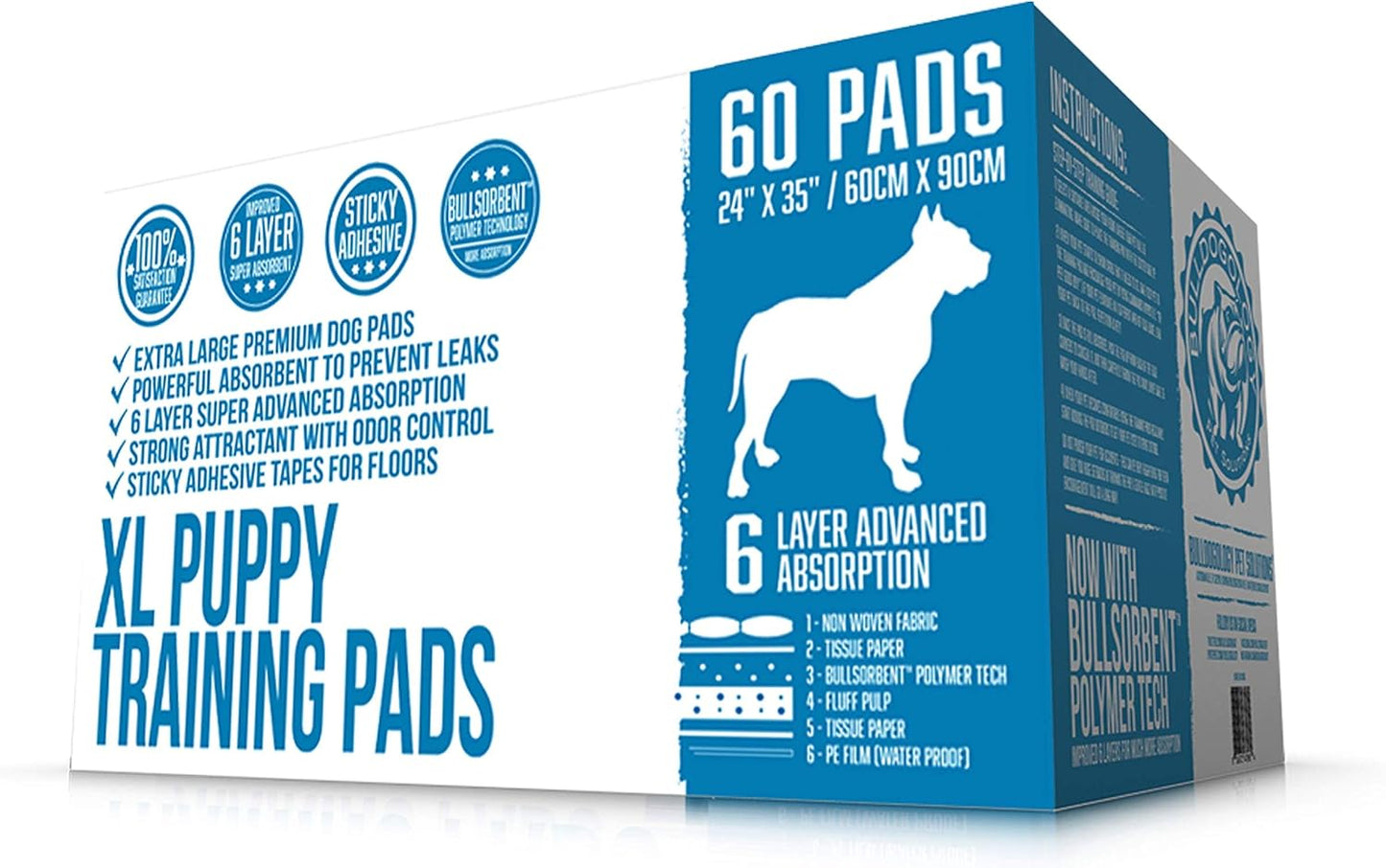 Bulldogology Puppy Pee Pads XL with Adhesive Sticky Tape - Extra Large Dog Training Wee Pads (24x35) 6 Layers with Extra Quick Dry Bullsorbent Polymer Tech (180-Count, White)