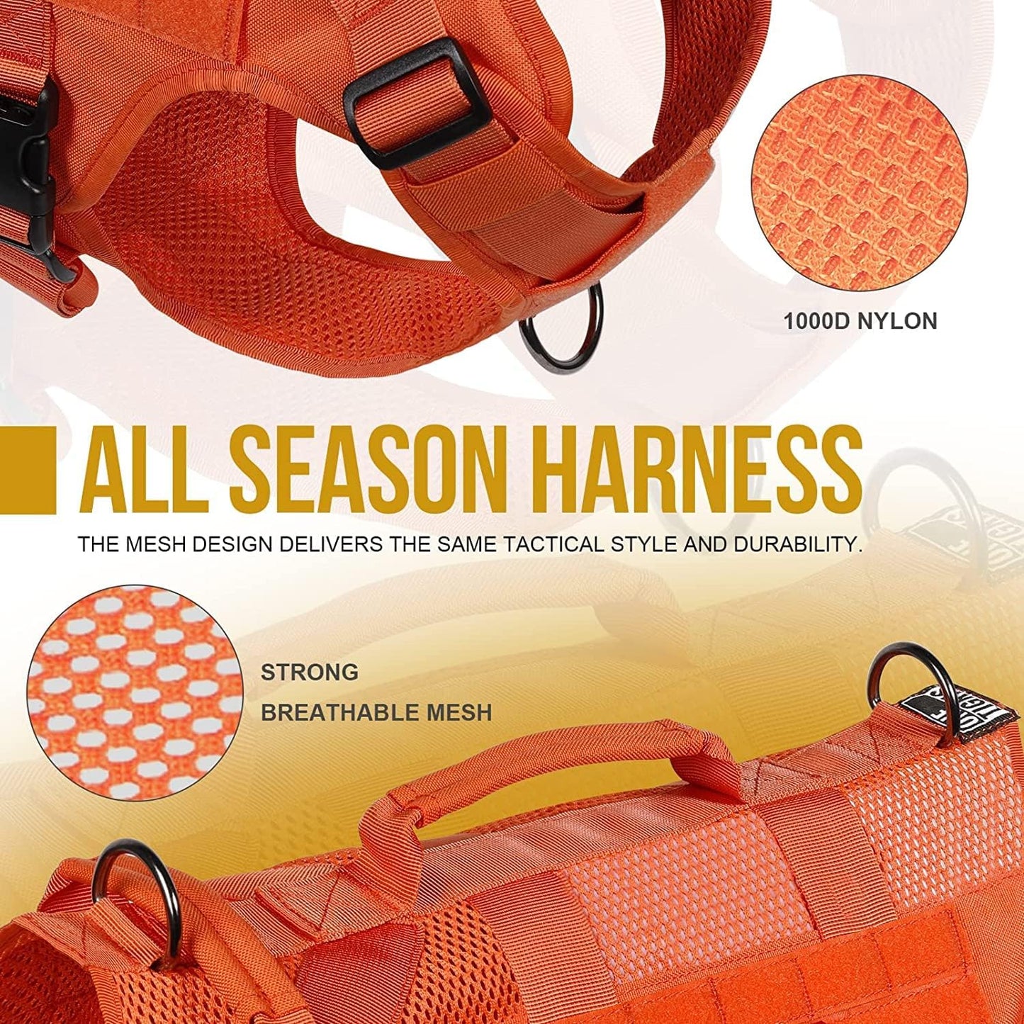OneTigris No Pull Tactical Dog Harness for Large Dog, Mesh Design Breathable Service Dog Vest with Handle, Military Dog Vest Harness with Molle Panels for Walking Hiking Training (Orange, Large)
