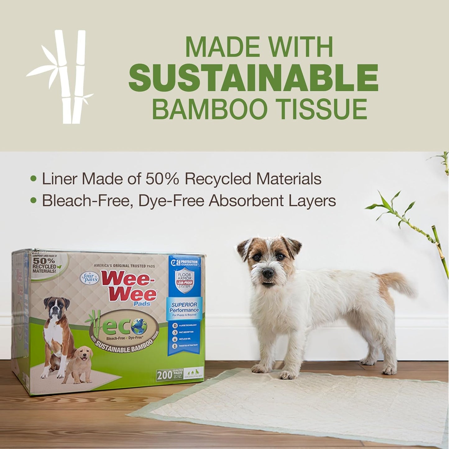 Four Paws Wee-Wee Superior Performance Bamboo Pee Pads for Dogs, Earth Friendly Dog & Puppy Potty Training Pads, Crate Liners, Housebreaking Supplies, 22" x 23" (32 Count)