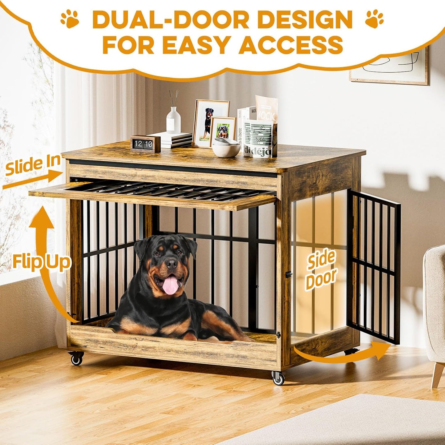46" Large Dog Crate Furniture, Double Door Wooden Indoor Dog Kennel Furniture, Decorative Pet Cage End Table with Wheels for Extra Large Breed Dogs, Size 2XL, Rustic Brown