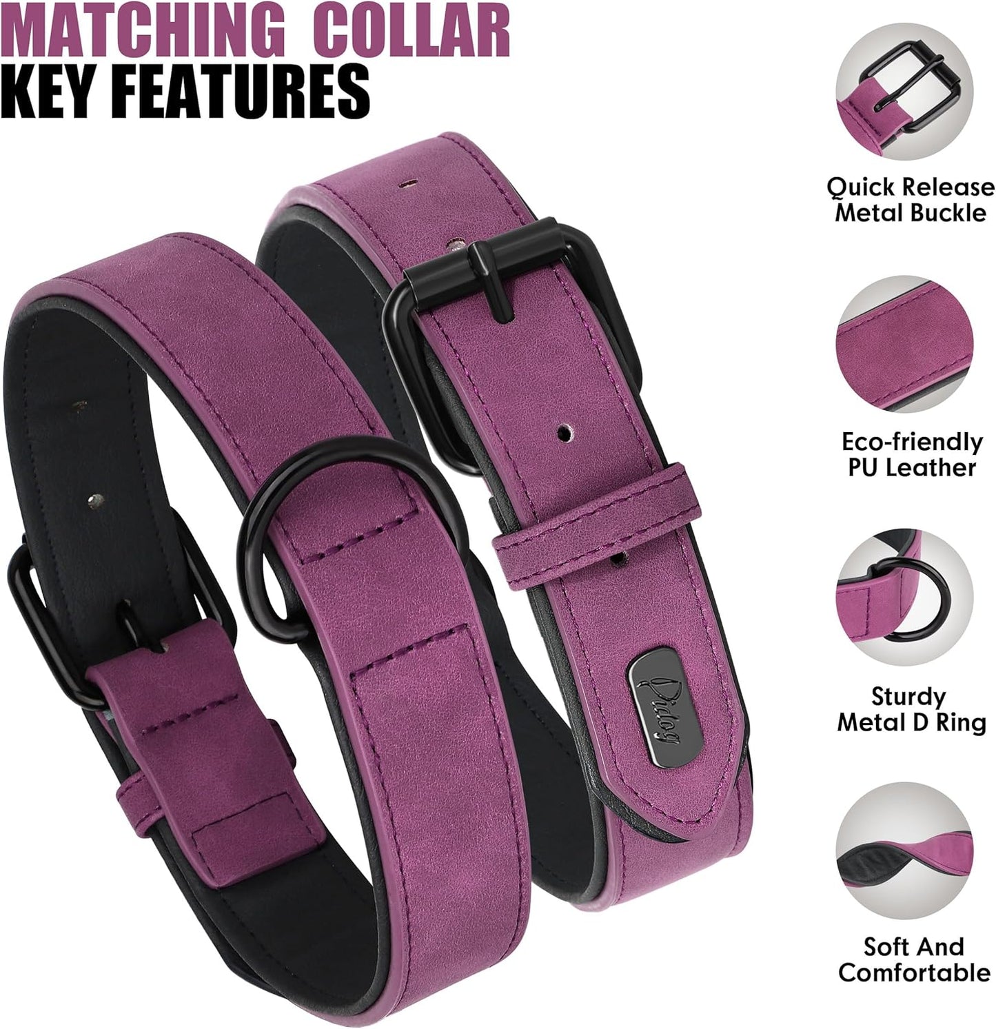 Didog Soft Padded Leather Dog Collar and Leash Set, Heavy Duty Dog Leash and Collar Set with Metal Buckle, Breathable Dog Collars with 4FT Leather Dog Leash for Small Medium Large Dogs, Purple, L