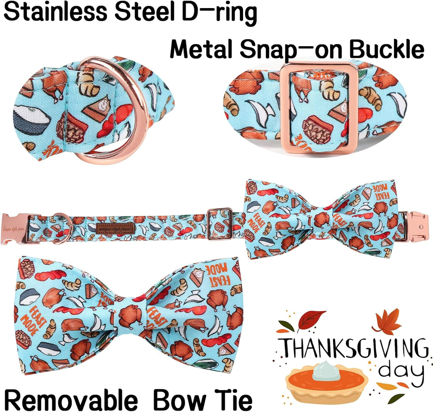 Unique Style Paws Thanksgiving Day Dog Collar with Bow Blue Turkey Cotton Puppy Collars for Small Medium Large Dogs