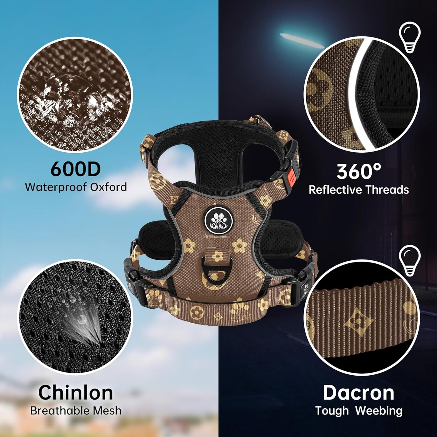 NESTROAD No Pull Dog Harness,Adjustable Oxford Dog Vest Harness with Leash,Reflective No-Choke Pet Harness with Easy Control Soft Handle for Large Dogs(X-Large,Dark Brown)