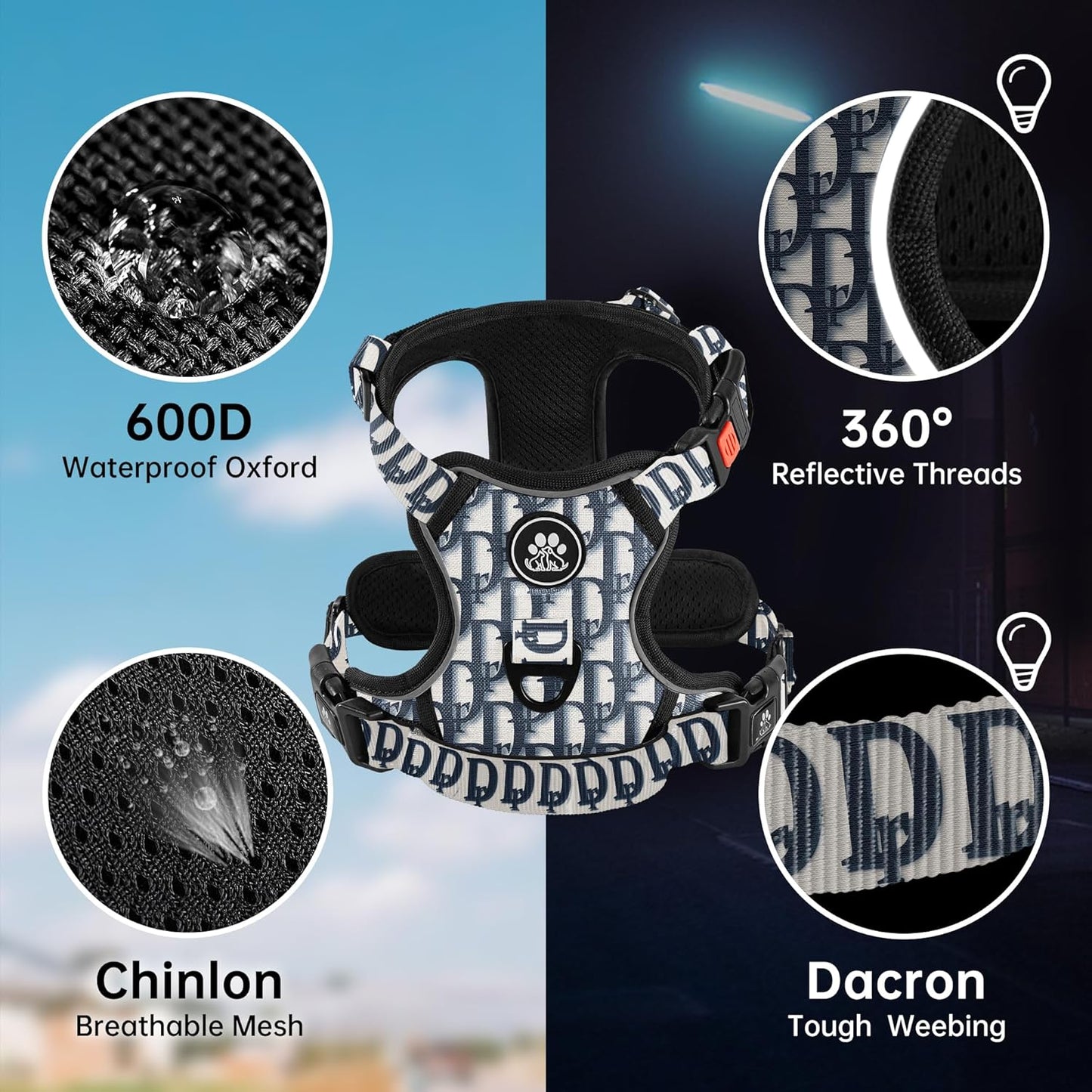 NESTROAD No Pull Dog Harness,Adjustable Oxford Dog Vest Harness with Leash,Reflective No-Choke Pet Harness with Easy Control Soft Handle for Large Dogs(X-Large,Vintage Blue)