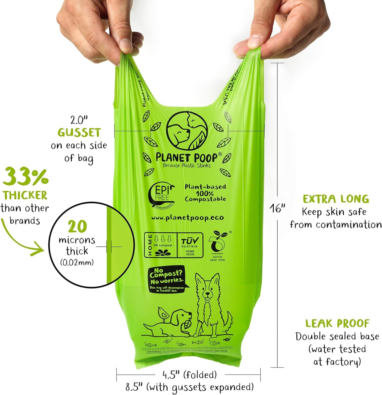 PLANET POOP Home Compostable Dog Poop Bags Extra-long with Handles 120 Un-Scented Pet Waste Bags Plastic Free, Thick Leakproof Plant-Based Doggy Bag, Cats & Dogs Pet Supplies