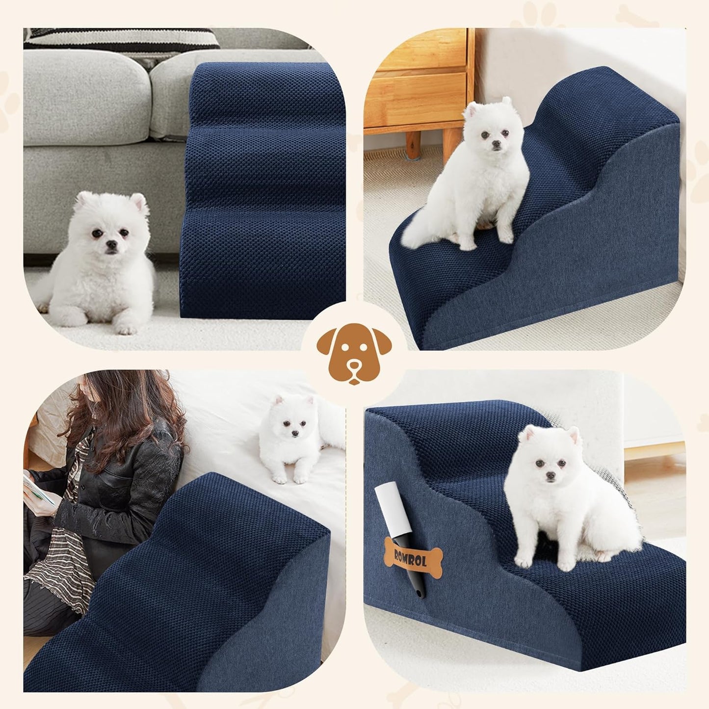 Romrol Dog Stairs Ramp for High Beds Couches, High Density Foam Pet Steps with Durable Non-Slip Waterproof Fabric Cover, Dog Stairs for Small Dogs or Cats or Pets, 3-Step,15 Inch,Navy