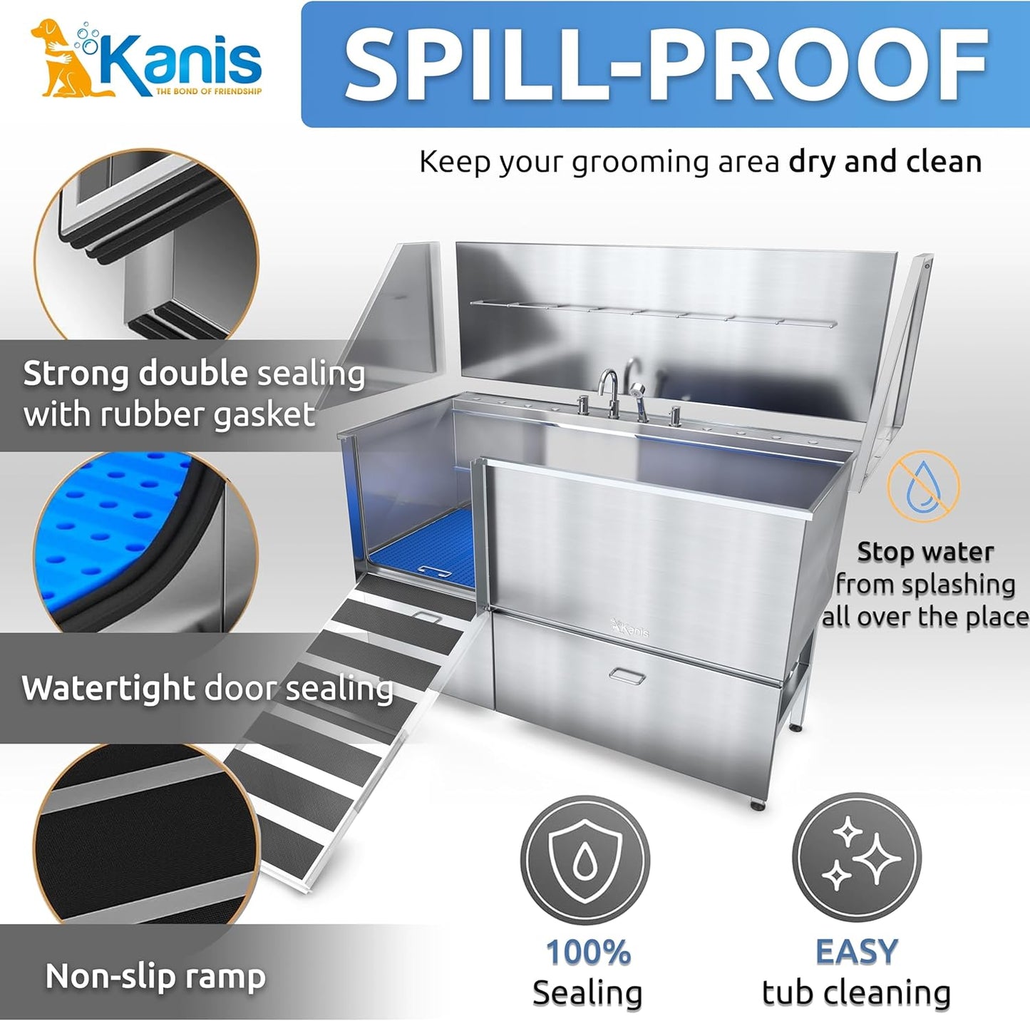 KANIS Professional Dog Washing Station - 304 Stainless Steel Pet Wash Sink & Grooming Bath Tub for Home with Ramp, Shower, Floor Grate, Storage Drawers, and Faucet for Large, Medium & Small Pets