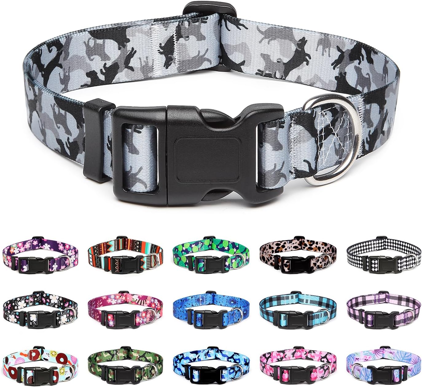 Mercano Adjustable Dog Collar - Special Design Patterns, Soft Nylon Comfortable Sturdy Pet Collar for Small Medium Large Dogs (S, Dog Camouflage Grey)