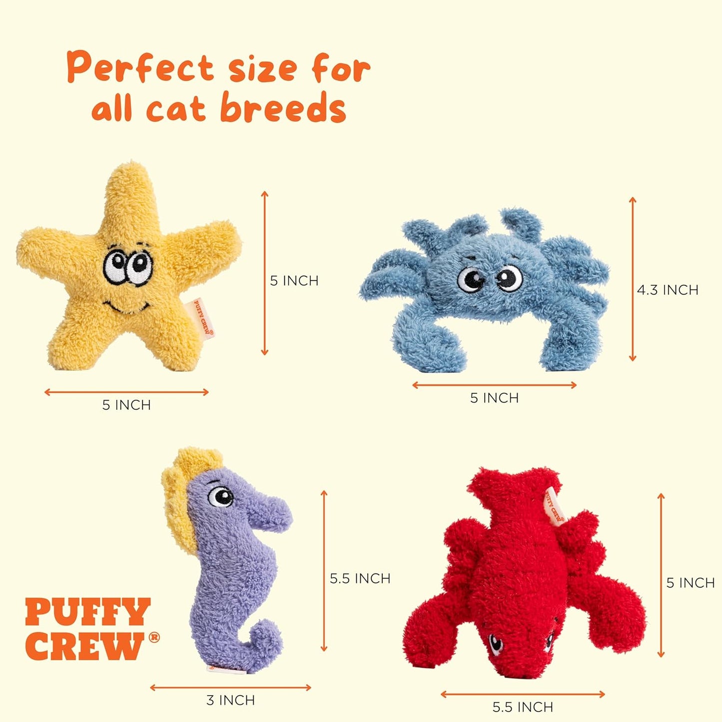 4 Pack Interactive Catnip Cat Plush Toy, Ocean Theme Set, 5'', for All Breed Size Cats (4 in 1)