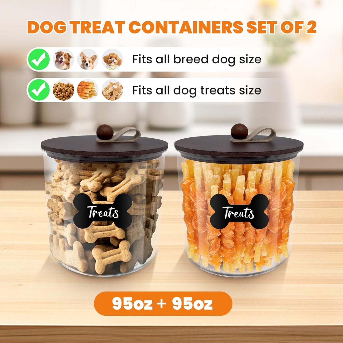 2 Pack Airtight Dog Food Storage Container,Dog Treat Container Dog Treat Jar with Wood Lids 6x5'',Pet Food Storage Container,Cat Food Container with Scoops,Food Tong,Labels,Pen