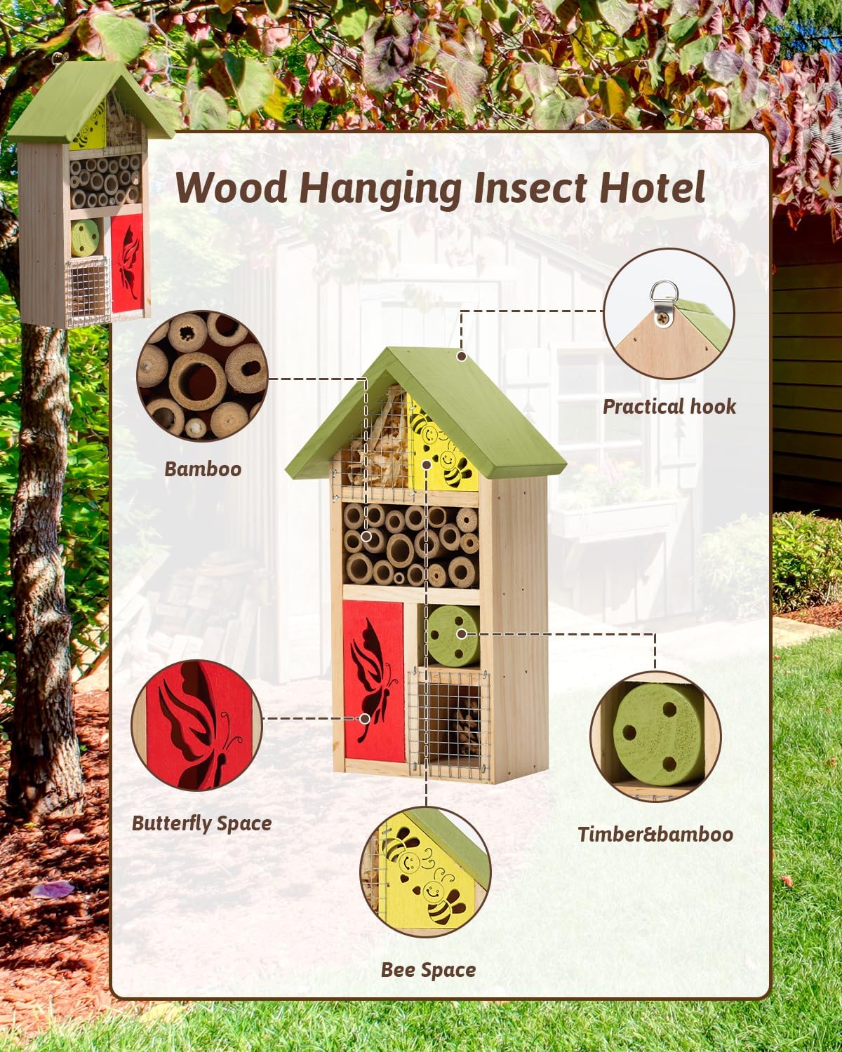 Premium Bug Hotel Kit Cedar Wood Insect Hotel Insect House - Backyard Bee House, Nesting Habitat Shelters, Garden Shelter for Bees, Butterflies, Bugs,Heavy Duty Thickness Colorful