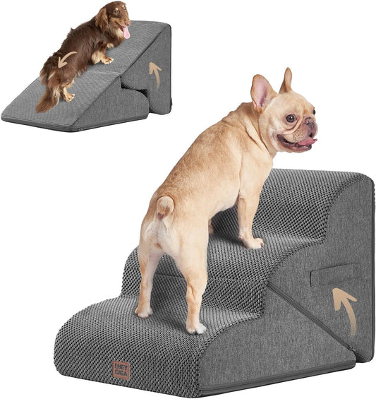 EHEYCIGA Curved Foldable Dog Stairs Ramp for Small Dogs 16" H, 3-Step Dog Steps for Couch Sofa and Chair, Pet Stairs for Cats, Non-Slip Balanced Pet Steps Indoor, Grey