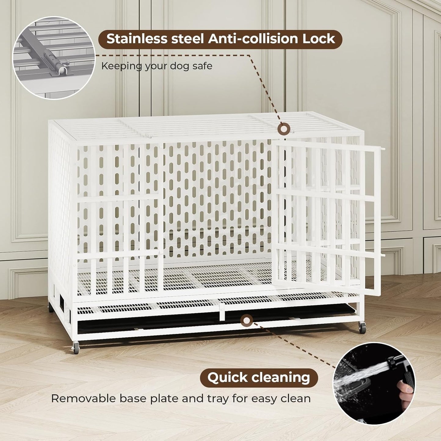 48 Inch Heavy Duty Indestructible Dog Crate Steel Escape Proof, Indoor Double Door High Anxiety Cage, Kennel with Wheels, Removable Tray,White,Extra Large XL XXL