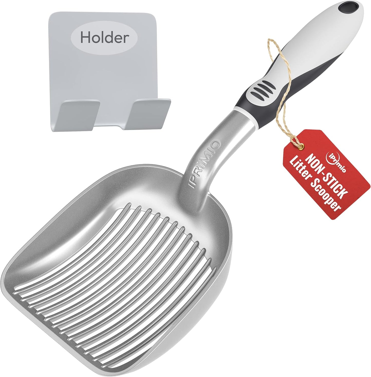 iPrimio Cat Litter Scooper Deep Shovel with Holder - (Silver XL) - Non-Stick Pooper Scooper Shovel Kitty Litter Sifter - Patented Solid Aluminum Poop Scoopers with Long Handle, Easy Grip, Pet Supplies