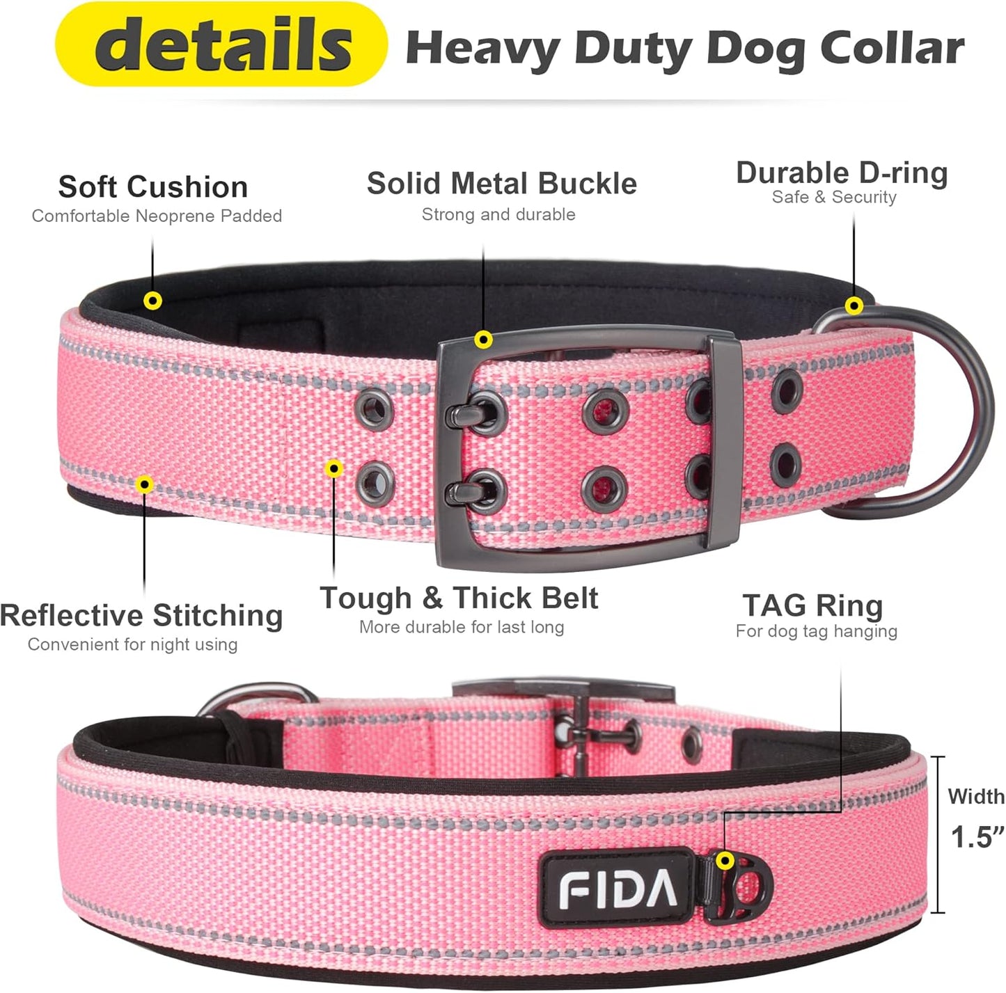 Fida Heavy Duty Dog Collar 1.5” Width, Ultra Soft Neoprene Padded, Adjustable Reflective Nylon Pet Collar with Two Metal Pin Belt Buckle for Large/X-Large Breeds (XL, Pink)