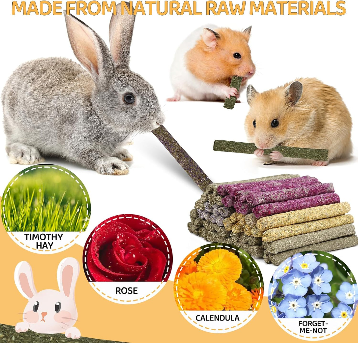 52Pcs Rabbit Chew Sticks, Guinea Pig Toys, Natural Timothy Grass Molar Teeth Stick, Mixing Flowers, Roses, Calendula and Forget Me Not, Small Animals Treats