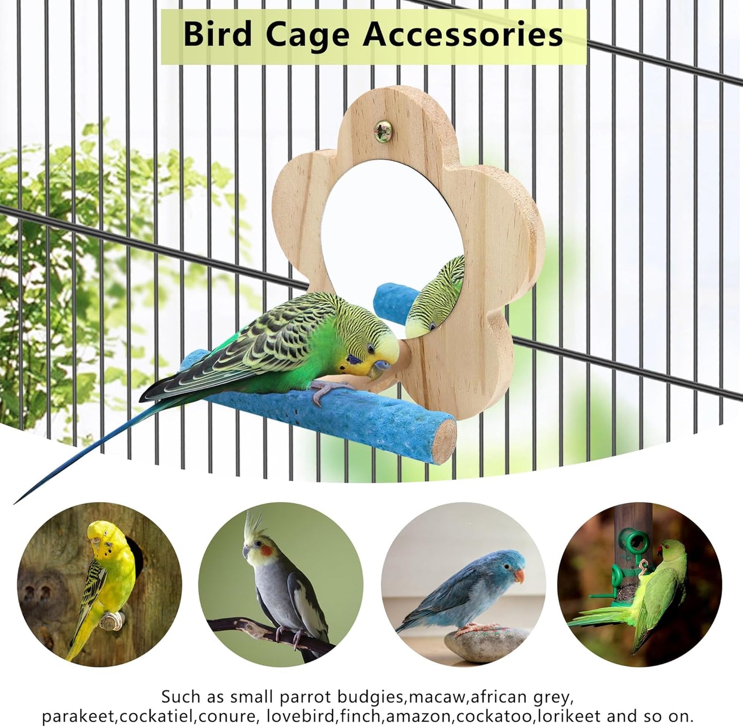 2Pcs Small Bird Mirror Parrot Swing,Wooden Parakeet Perches Flower Interactive Play Toys for Small Budgies Macaw African Grey Parakeets Lovebird Cockatiel Cage Accessories (S,Wood-2p)