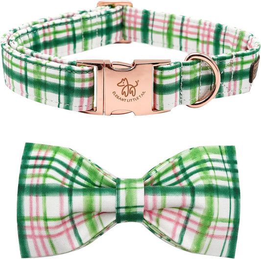 Elegant little tail Dog Collar with Bow - Pink with Green Plaid Boy or Girl Dog Collar Cute Bowtie Pet Collar Adjustable Dog Collar for Large Dogs