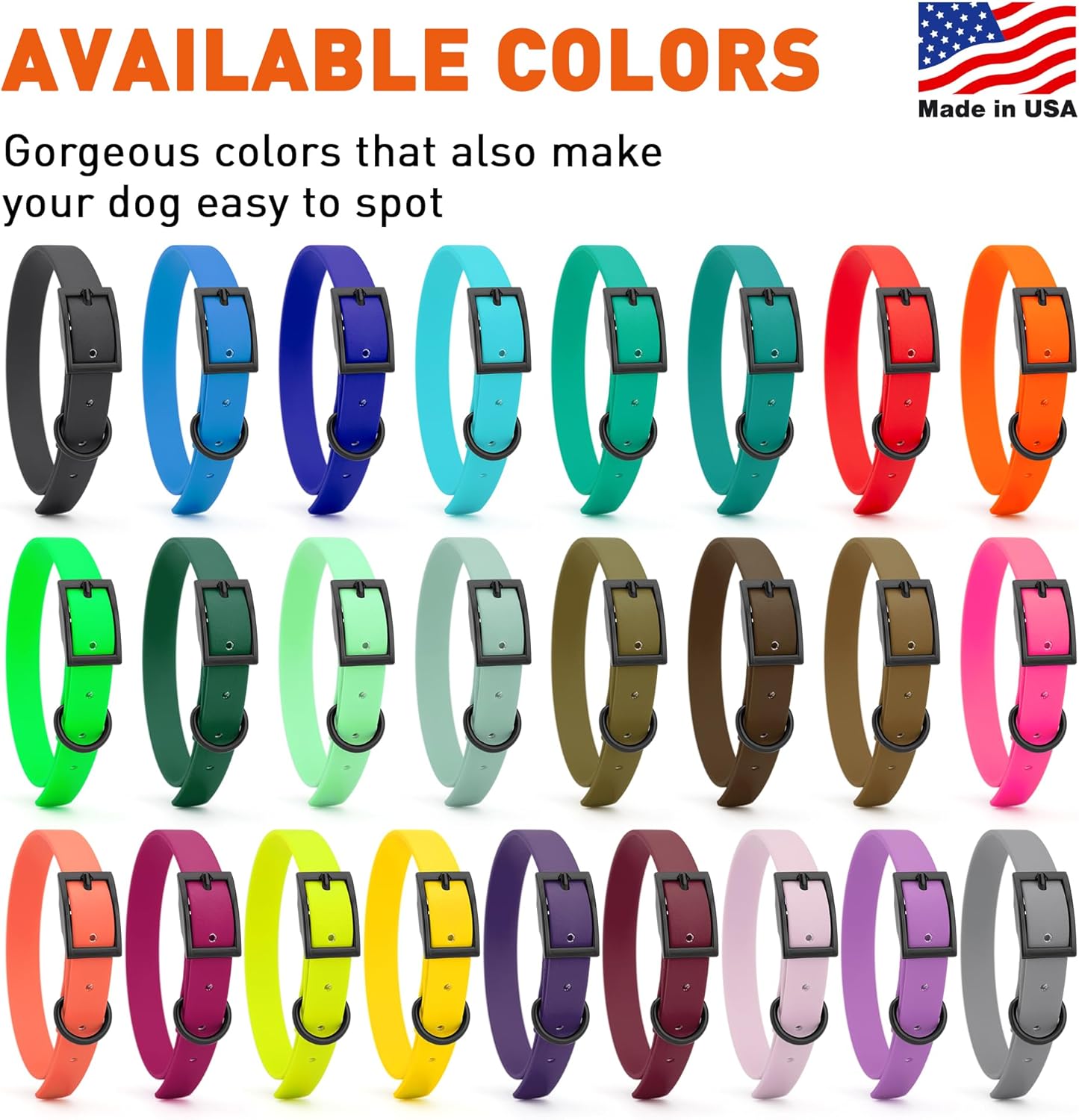 Dogline Biothane Waterproof Dog Collar Strong Coated Nylon Webbing with Black Hardware Odor- Proof for Easy Care Easy to Clean High Performance Fits Small Medium or Large Dogs, Hunter Orange