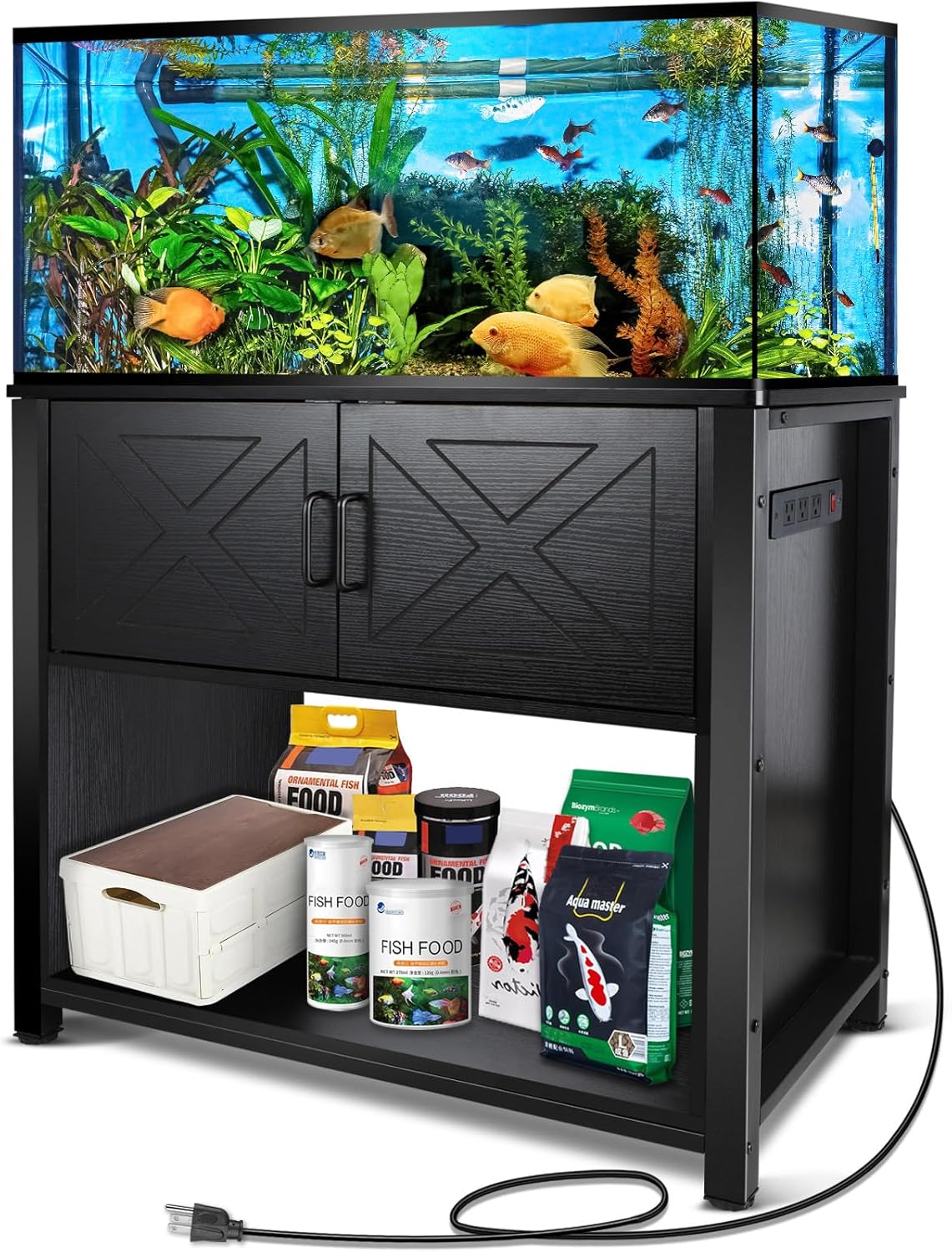 40 Gallon Tank Stand with Cabinet and Power Outlets, Heavy Duty Metal Aquarium Stand for 40-50 Gallon Breeder Tank, Turtle Tank, Double Terrarium Stand, 660LBS Capacity, Black