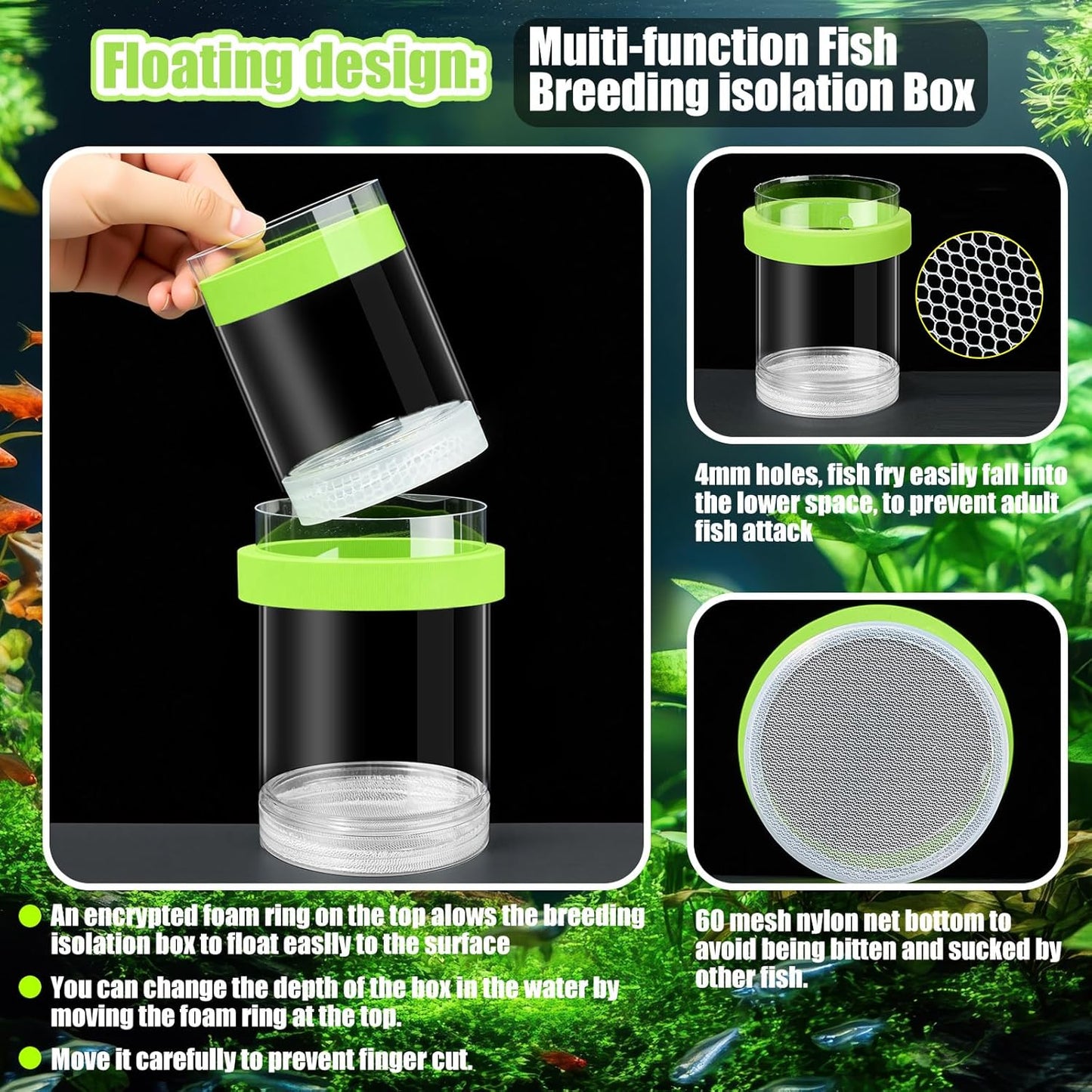 2 Pcs Breeder Box for Fish Tank Aquarium Breeder Separation Net Breeding Box with Suction Cup for Small Fish Shrimp Clownfish Guppy(Green,L)