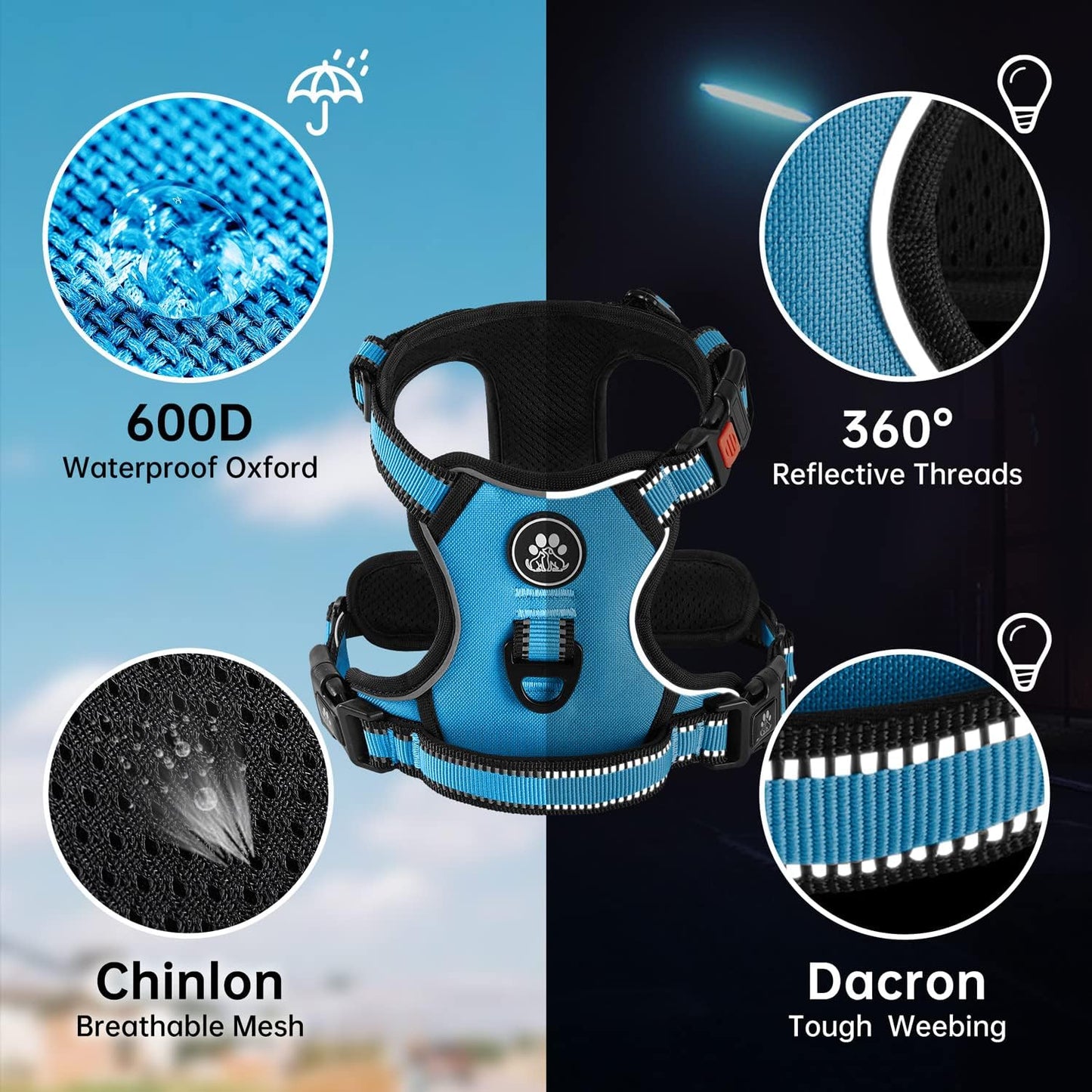 NESTROAD No Pull Dog Harness,Adjustable Oxford Dog Vest Harness with Leash,Reflective No-Choke Pet Harness with Easy Control Soft Handle for Large Dogs(Large,Blue)