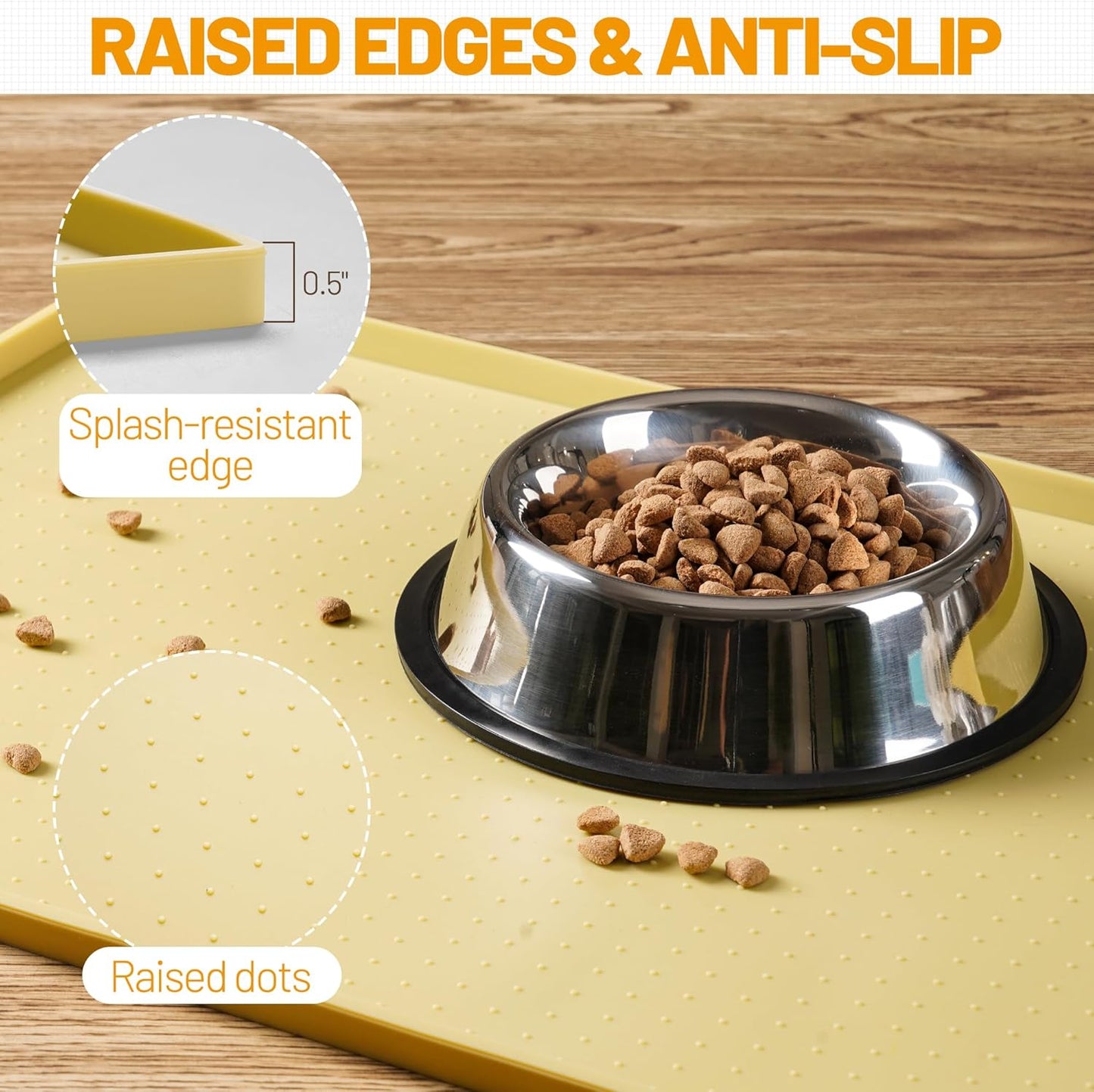 Hubulk Dog Feeding Mat,100% Waterproof Food Grade Silicone Pet Food and Water Bowl Placemat,Dishwasher, High Raised Edge to Prevent Spills,Nonslip Tray to Stop Messes on Floor (24"x16"x0.5", Yellow)
