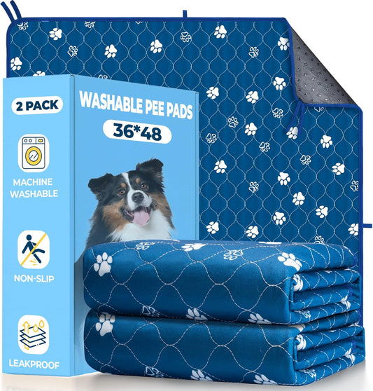 Fostanfly Washable Pee Pads for Dogs, 2 Pack Large 36"x48" Ultra-Absorbent and Leak-Proof Non-Slip Reusable Potty Training Pads for Dogs, Puppy & Cats of Add 8 Lanyards-Blue
