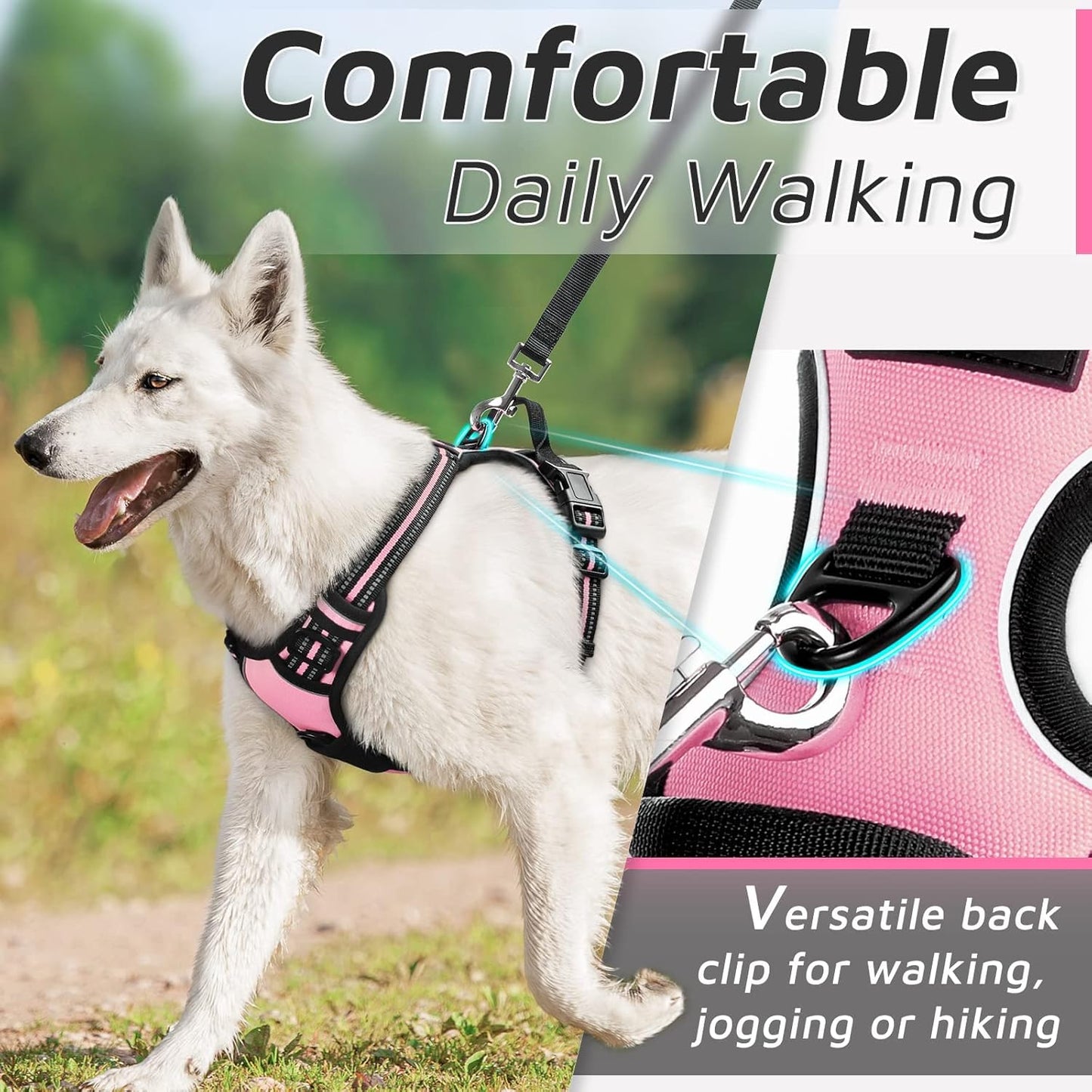Eagloo Dog Harness for Large Dogs, No Pull Service Vest with Reflective Strips and Control Handle, Adjustable and Comfortable for Walking, No Choke Pet Harness with 2 Metal Rings, Pink, L