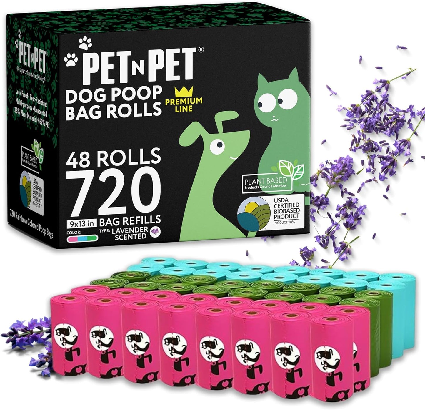 Pet N Pet 720 Counts Lavender Scented, Colorful Poop Bags for Dogs, 38% Plant Based & 62% PE Dog Poop Bags Rolls, Extra Thick Dog Waste Bag, Doggy Bag