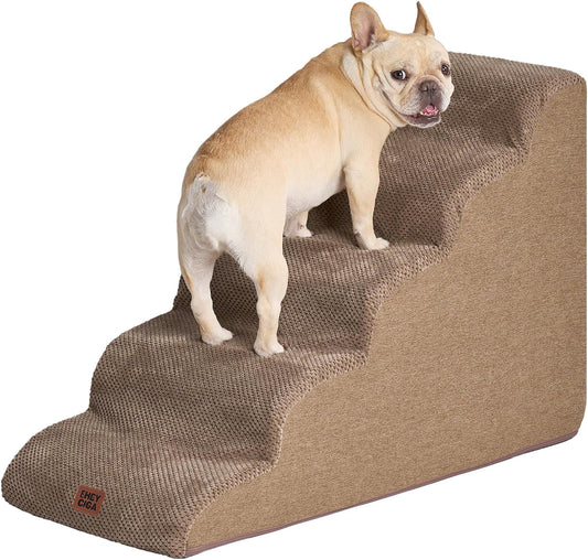 EHEYCIGA Curved Dog Stairs Ramp for High Beds 22.6" H, 5-Step Dog Steps for Small Dogs and Cats, Pet Stairs for High Bed Climbing, Non-Slip Balanced Pet Step Indoor, Camel