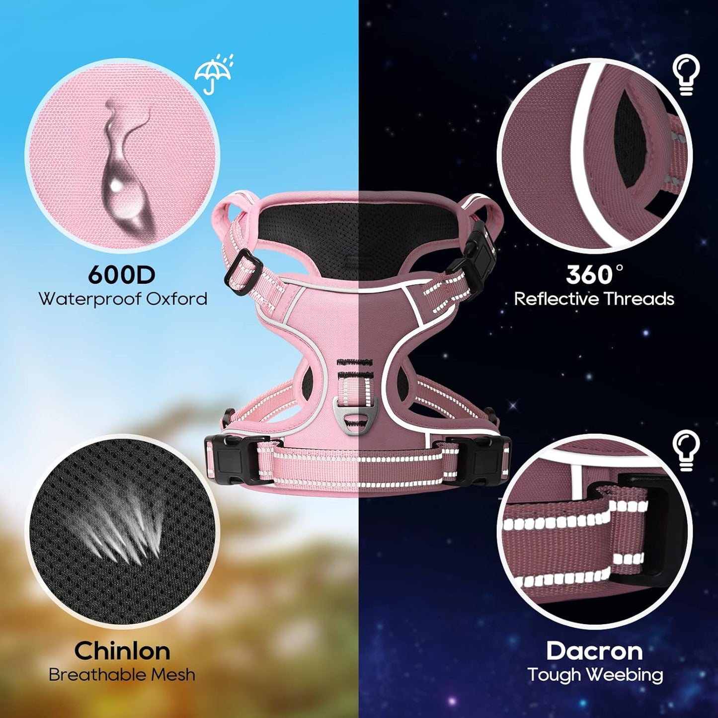 Timos Dog Harness, 3 Snap Buckles No-Pull Soft Padded Dog Vest with 2 Metal Leash Clips, Adjustable Reflective No Choke Pet Harness with Easy Control Handle for Medium Dogs,Pale Pink,M