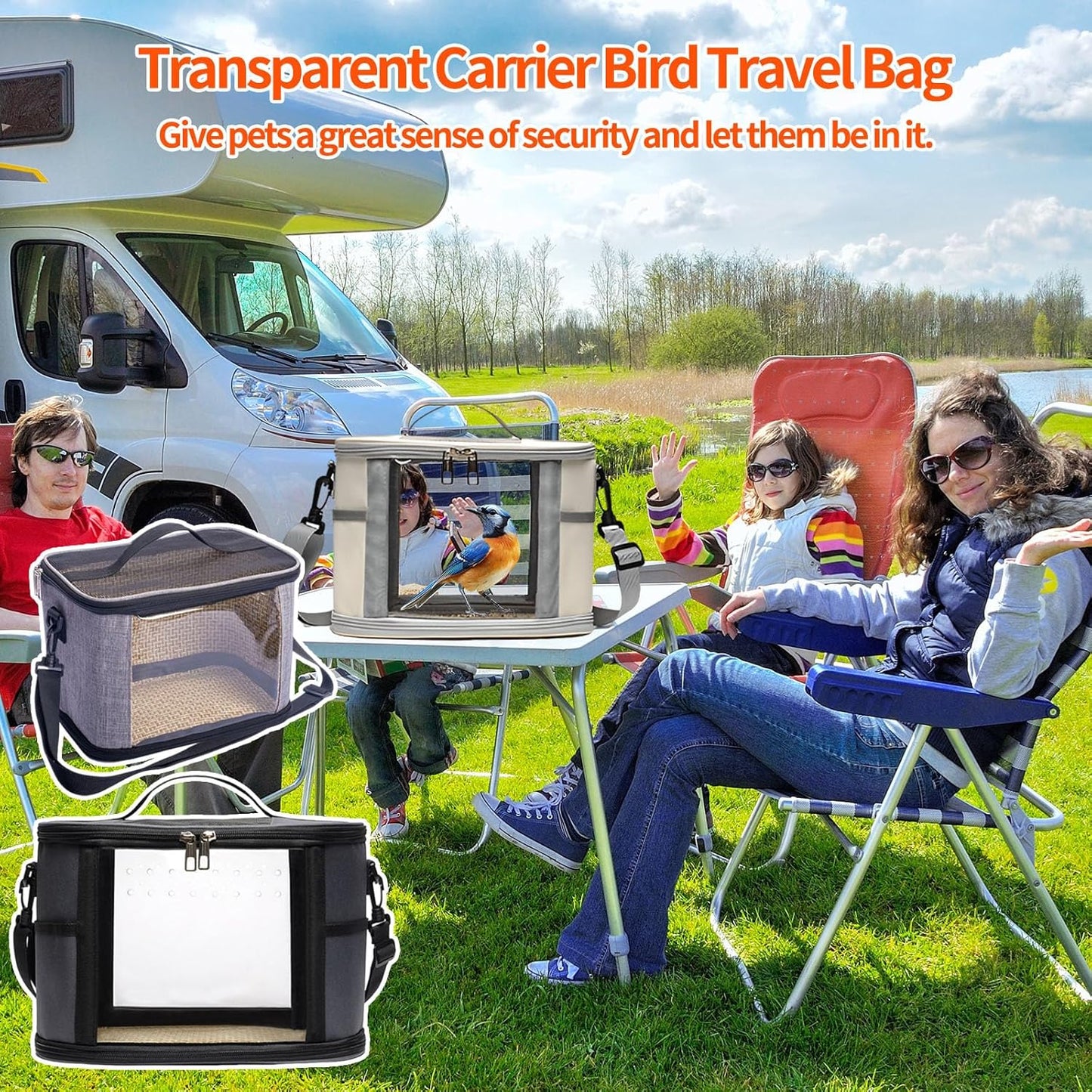 Bird Travel Carrierm, Small Bird Travel Backpack Carrier Cage with Tray and Breathable Clear Window, for Parakeet Cockatiel Budgies, for Camping Hiking (Large-White)