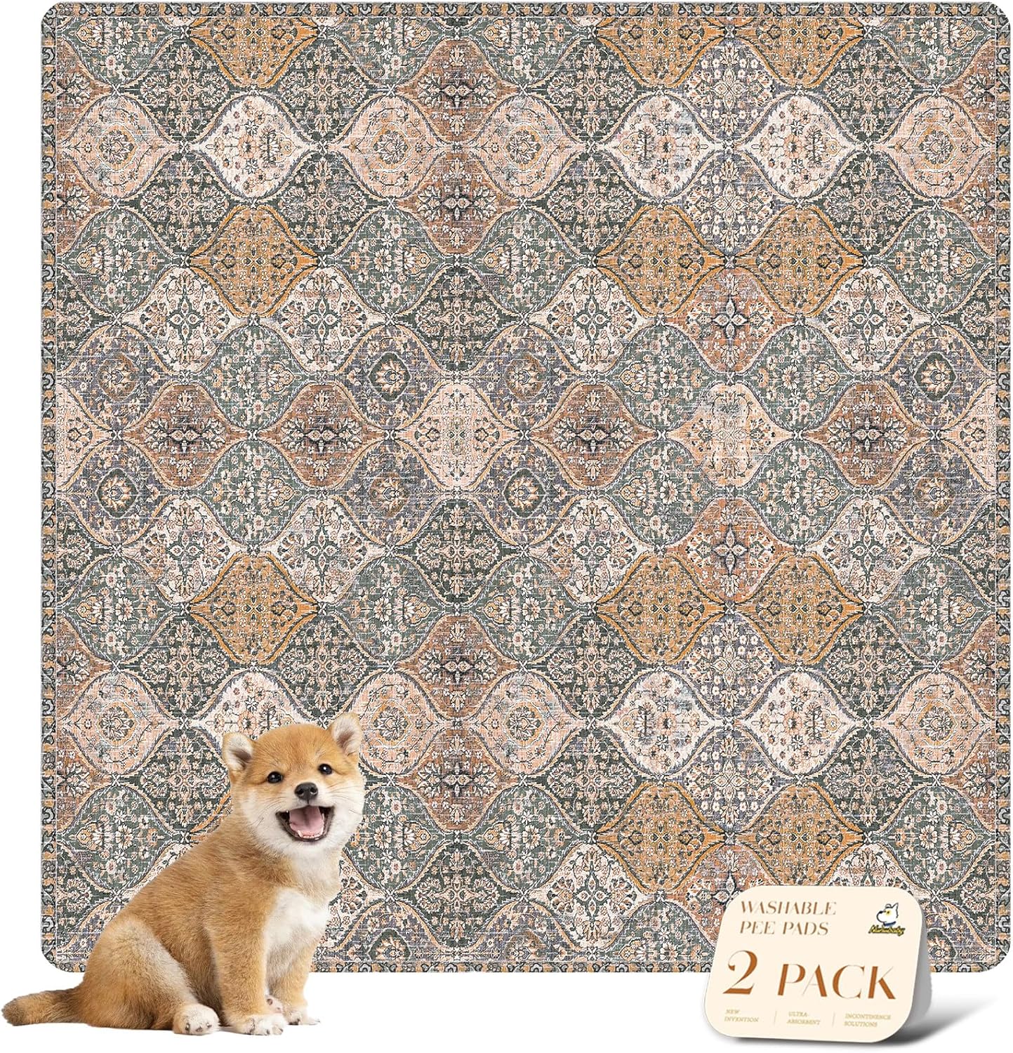 nunubaby Washable Pee Pads for Dogs, Stylish, Non-Slip and Leak-Proof Pee Pads. Reusable Potty Pads for Dogs for Crates and Floors.(Brown/Multi, 48" x48")