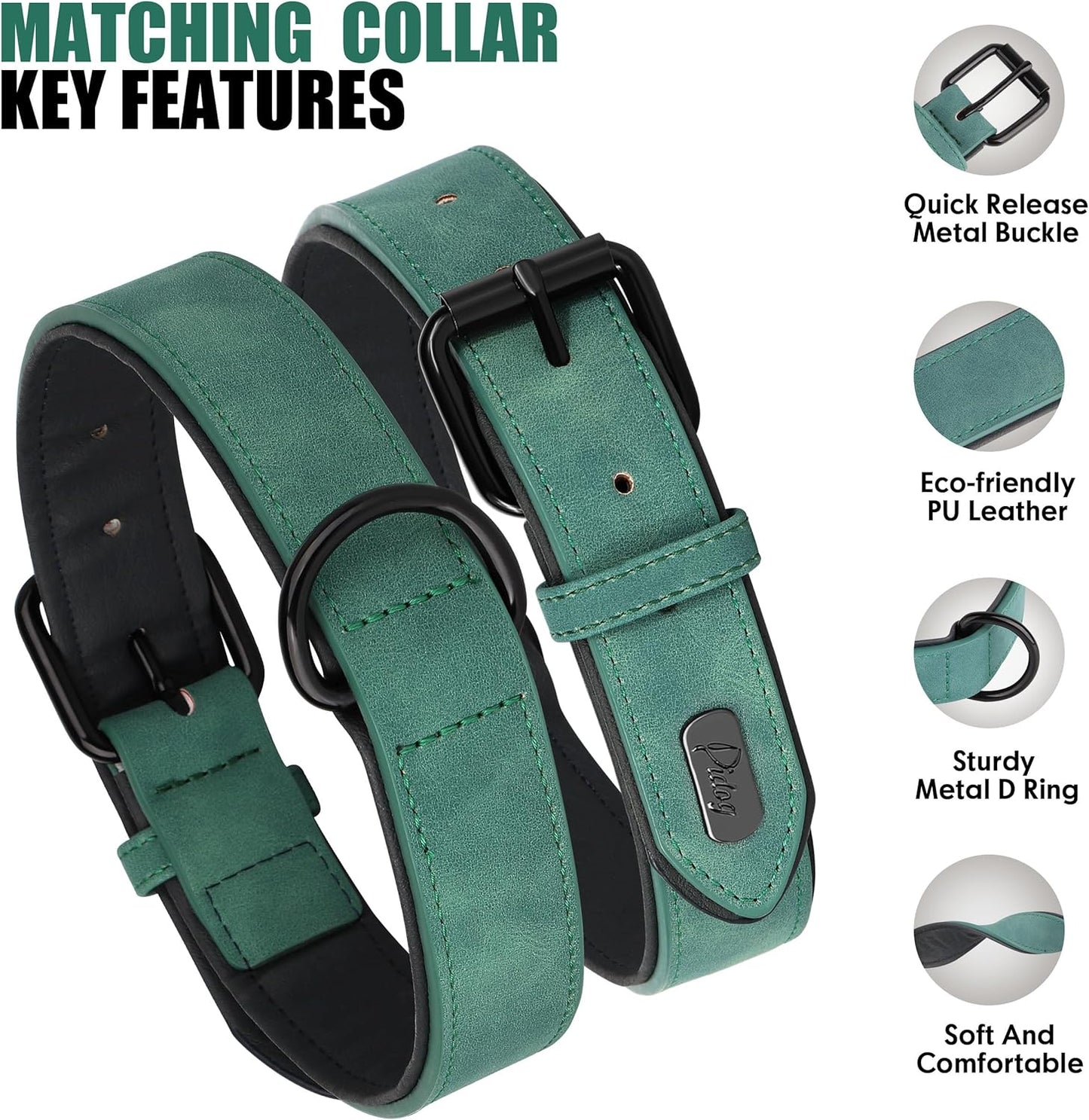 Didog Soft Padded Leather Dog Collar and Leash Set, Adjustable 4FT Faux Leather Dog Leash and Collar Set with Metal Buckle for Small Medium Large Dogs, Green, L