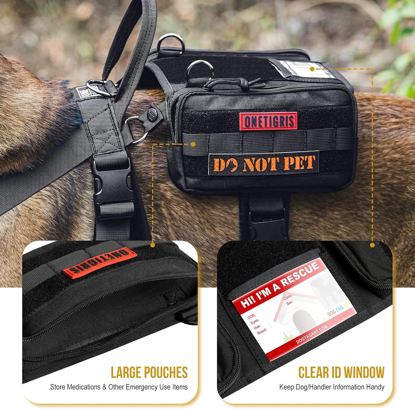 OneTigris Service Dog Vest Harness, Service Dog Cape Guardian Dog Backpack Harness with Pouches Dog Saddle Bag for Small Medium and Large Dogs (Black, M)