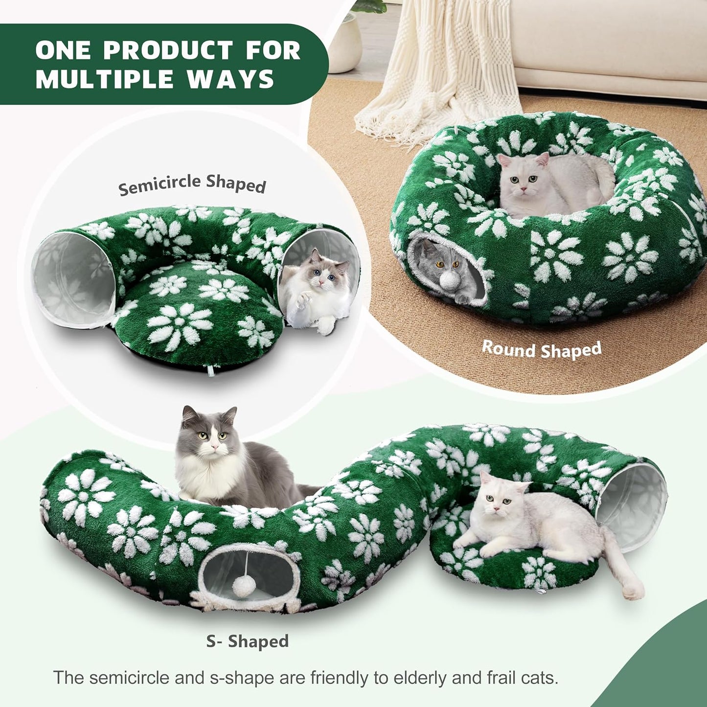 Cat Tunnel for Indoor Cats, Cute Peekaboo Cat Cave with Dangling Balls, Pet Donut Tunnel Bed with Circle Mat for Puppy Kitten Rabbit, Green Flower