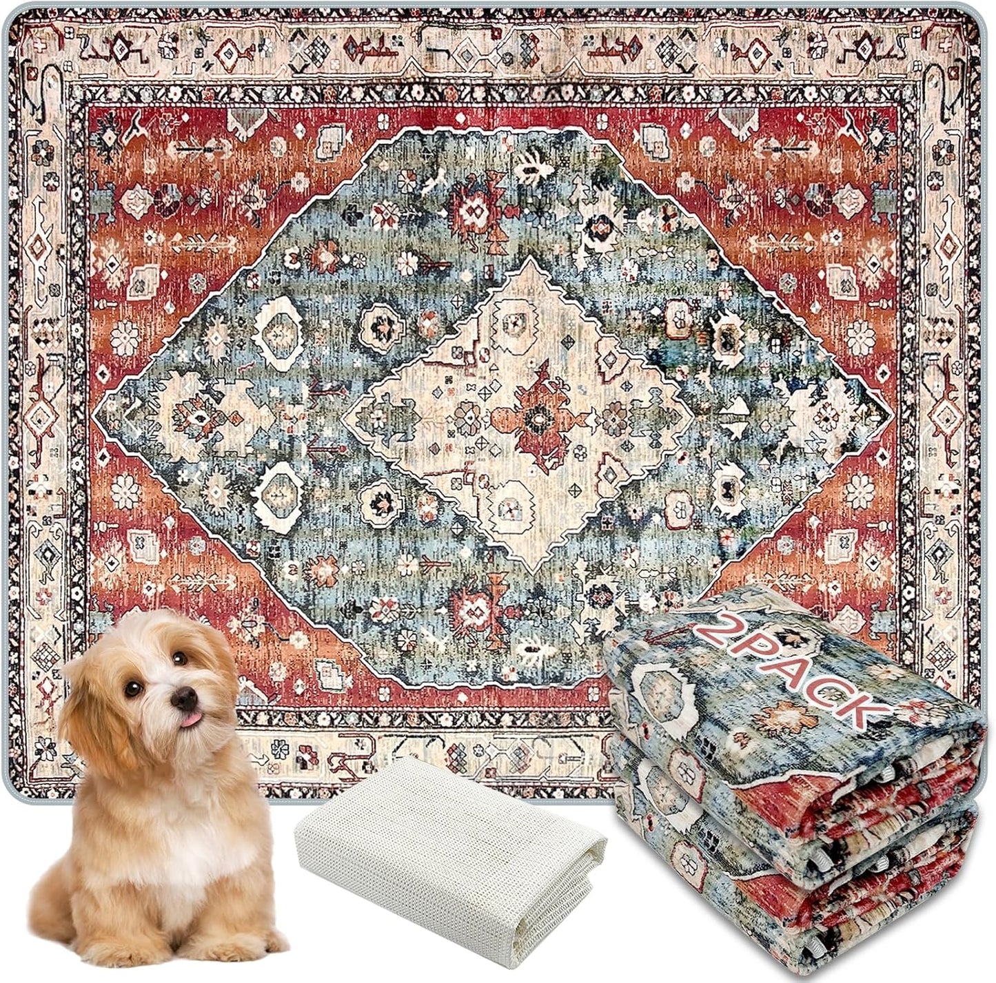 Washable Pee Pads for Dogs, (2 Pack, 36"x42") Upgrade Reusable Puppy Pads with Non-Slip Rug Pad, Super Thickening Absorbent Leakproof Dog Traning Pads Whelping Pad for Dogs, Doggie(Red-2)