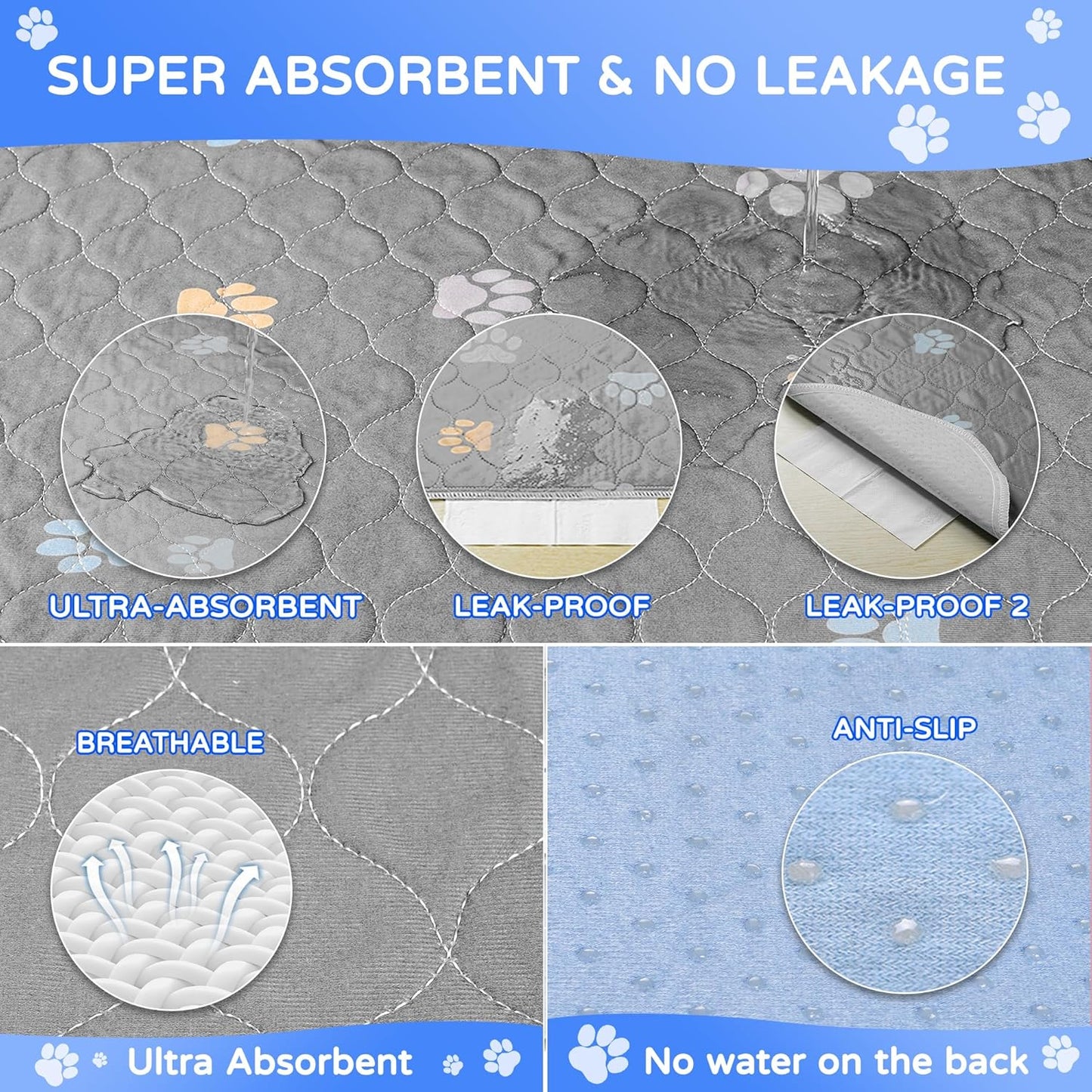 Aitmexcn Washable Puppy Dog Pee Pad, 2PCS 100% Waterproof Whelping Training Mat for Puppy/Senior Dog, Fast Drying Reusable Puppy Pads for Indoor, Outdoor and Car Travel- 48*65'' Llight Gray