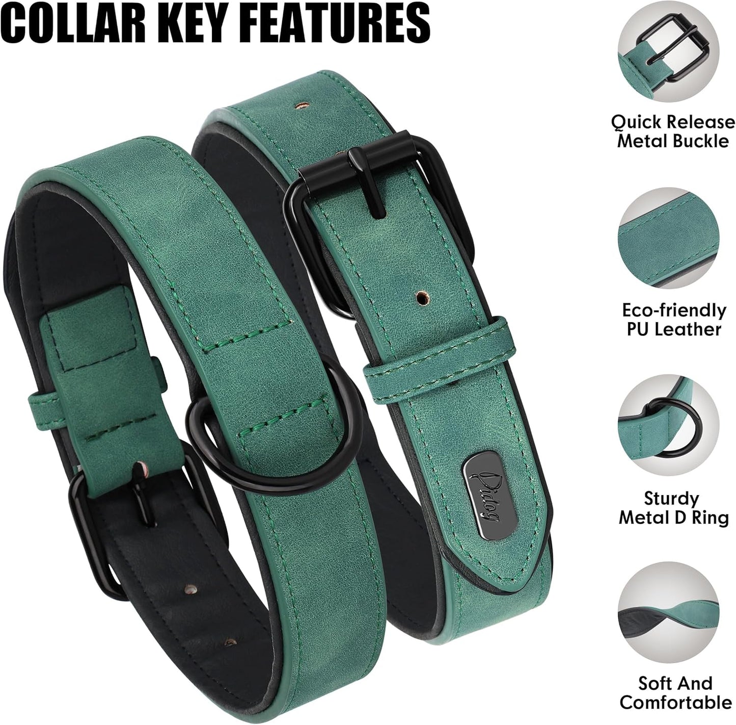 Didog Soft Padded PU Leather Dog Collar, Breathable and Adjustable Dog Collars for Medium Dogs, Comfortable for Daily Walk, Green, L Fit Neck 13-17"(22-44 lbs)